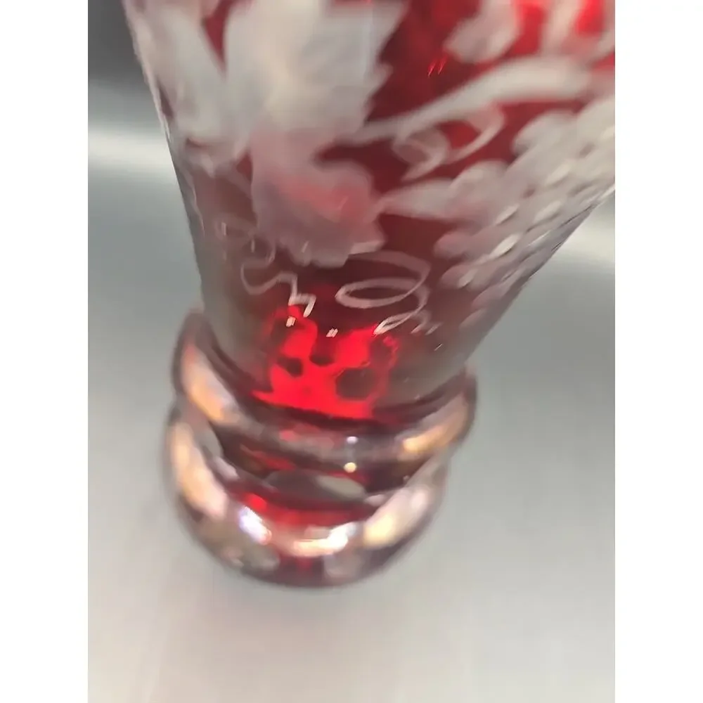 Vintage Egermann Style Ruby Cut To Clear Vase With Grapes and Vines 6